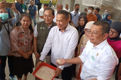 Kepala Dinas Perindustrian Perdagangan Koperasi Usaha Kecil dan Menengah (PPKUKM) DKI Jakarta, Elisabeth Ratu Rante Allo, Direktur Utama Perum Bulog, Budi Waseso dan Direktur Utama PT Food Station Tjipinang, Pamrihadi Wiraryo saat meninjau di Pasar Induk Beras Cipinang, Jakarta Timur, Jumat (3/2). Foto: Ist
