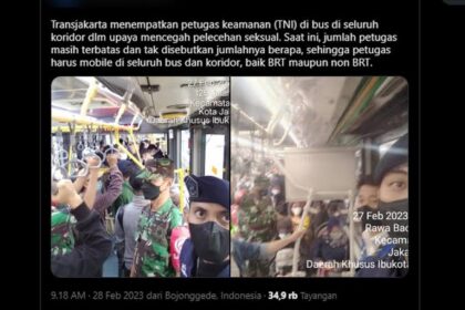Pelibatan TNI untuk berpatroli di dalam bus menuai kritik Anggota DPRD DKI Jakarta. Foto: twitter @kabarpenumpang