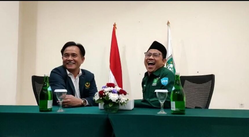 Ketua Umum PKB, Muhaimin Iskandar menerima Ketum PBB, Yusril Ihza Mahendra. Foto: Peri/ipol.id
