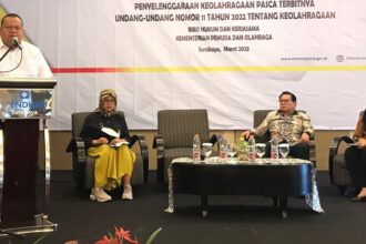 Kementerian Pemuda dan Olahraga Republik Indonesia (Kemenpora) menggelar rapat koordinasi penguata peran pemerintah daerah melalui pendanaan dalam penyelenggaraan keolahragaan pasca-terbitnya Undang-Undang Nomor 11 Tahun 2022 tentang keolahragaan di Surabaya, Jawa Timur, Kamis (16/3). Foto: Kemenpora