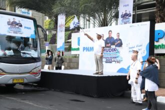 PT PNM saat pelepasan mudik gratis di kawasan GBK, Senayan, Jakarta. Foto PNM