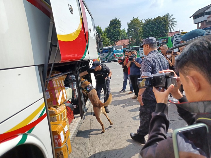 Cegah pengiriman narkoba, aparat Badan Narkotika Nasional (BNN) mengerahkan dua anjing pelacak Unit K9 ke Terminal Kampung Rambutan, Ciracas, Jakarta Timur, Selasa (18/4) pagi. Para sopir bus AKAP juga dilakukan pemeriksaan tes urine di lokasi. Foto: Joesvicar Iqbal/ipol.id