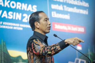 Presiden Republik Indonesia (RI), Joko Widodo (Jokowi) saat Rapat Koordinasi Nasional Pengawasan Intern (Rakornas Wasin) Tahun 2023, Kawal Produktivitas untuk Transformasi Ekonomi di kantor Badan Pengawasan Keuangan dan Pembangunan (BPKP), Rabu (14/6). Foto: BPKP