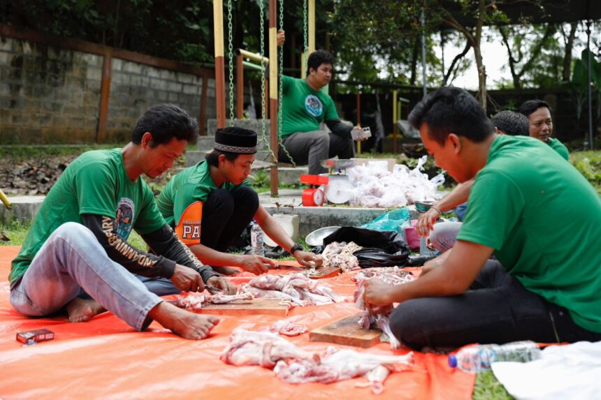 Momen Hari Raya Idul Adha 1444 Hijriah, Komunitas Ojek Online (Kajol) Indonesia dukung Ganjar memotong 15 hewan kurban. Dagingnya dikemas langsung didistribusikan ke para driver ojol dan masyarakat di Kabupaten Lebak, Provinsi Banten, Kamis (29/6) siang. Foto: Kajol