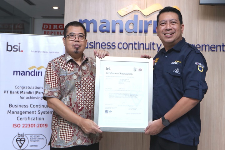 Bank Mandiri mendapatkan sertifikasi ISO 22301 tentang sistem manajemen keberlangsungan bisnis atau Business Continuity Management System (BCMS) berstandar internasional dari lembaga sertifikasi global British Standard Institution. Foto: Bank Mandiri