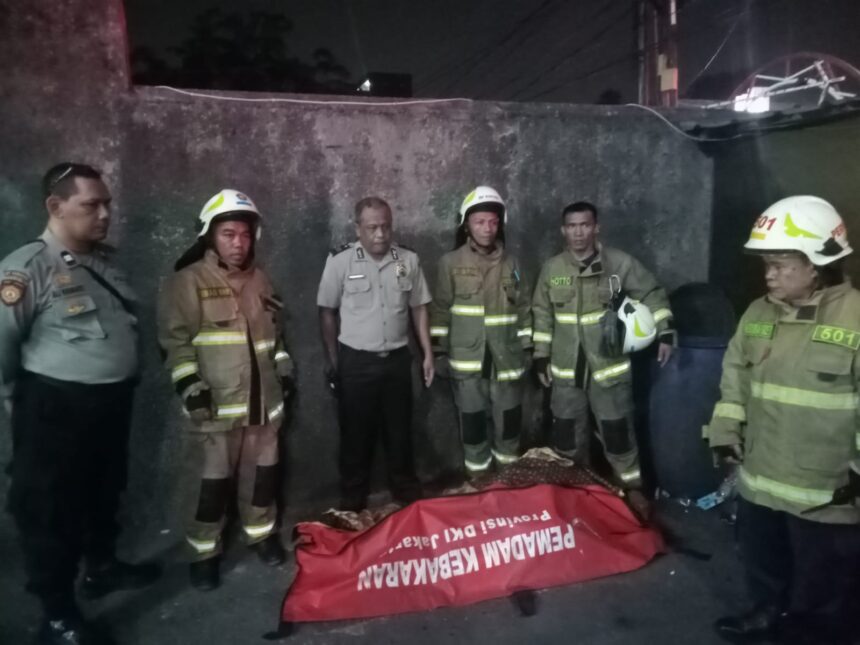 Satu unit rumah di Jalan Cipinang Muara I, Pondok Bambu, Duren Sawit, Jakarta Timur dilumat api pada Jumat (28/7) sekitar pukul 02.48 WIB. Saat penyisiran petugas Damkar menemukan dan mengevakuasi jenazah seorang nenek dalam kamar mandi. Foto: Damkar Jakarta Timur