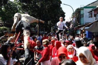 Suasana Alumni Muda ITB-UNPAD-UPI atau Ganjar Creativity mengadakan lomba rambo (rambut bodas) mirip Ganjar Pranowo dan jalan sehat mengarak miniatur Ganjar bersama masyarakat di Pasirluyu, Kecamatan Regol, Bandung, Jawa Barat, Kamis (17/8) siang. Foto: Creativity