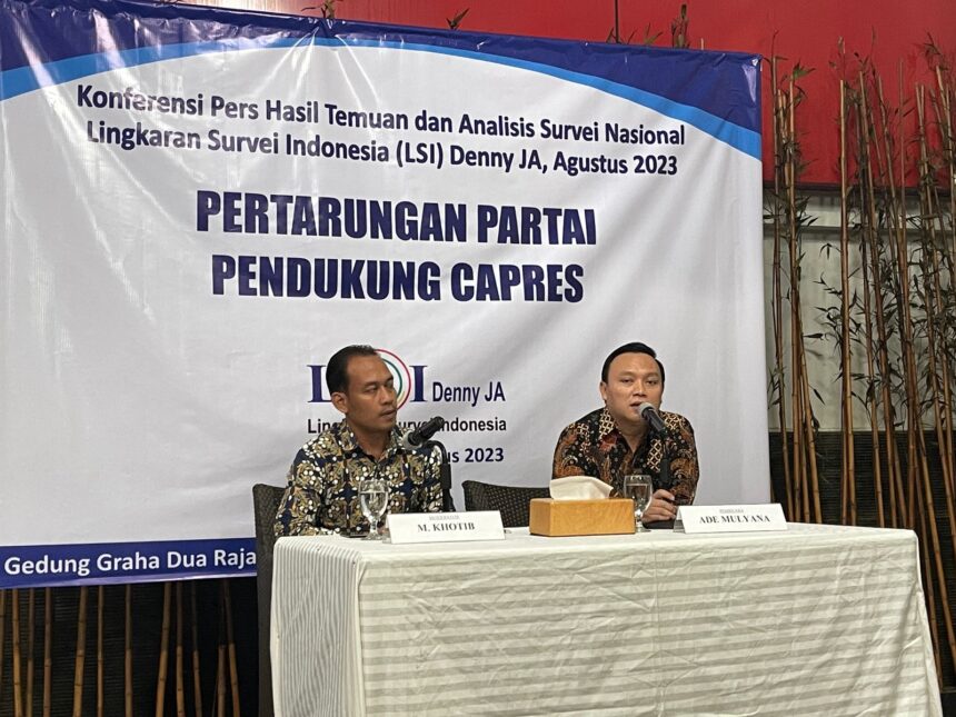 Peneliti LSI, Ade Mulyana saat memaparkan temuan riset terbaru LSI pada Agustus 2023 muncul tiga nama bakal calon presiden digadang-gadang bakal maju dalam Pemilihan Presiden (Pilpres) 2024 yakni Prabowo, Ganjar, dan Anies di kawasan Rawamangun, Jakarta Timur, Rabu (30/8). Foto: Ist