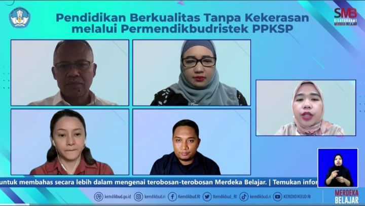 Tampak webinar Silaturahmi Merdeka Belajar (SMB), dengan tema “Pendidikan Berkualitas Tanpa Kekerasan melalui Permendikbudristek PPKSP”, pada Kamis (24/8). Foto: Ist