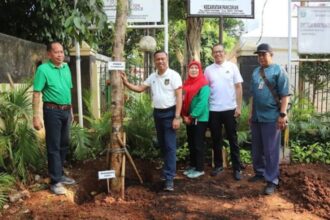 Wali Kota Jakarta Selatan, Munjirin didampingi Camat Pancoran, Alamsah dan jajaran usai melakukan penanaman pohon di halaman kantor Kecamatan Pancoran, Jumat (8/9) siang.