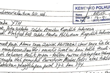 Surat terdakwa Zainal Muttaqin yang minta perkaranya diuji di pengadilan perdata.