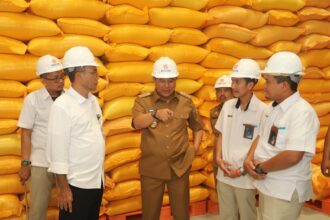 Penjabat Gubernur Sulawesi Selatan (Sulsel), Bahtiar Baharuddin, meninjau langsung gudang beras milik Bulog, di Panaikang, Kota Makassar. Peninjauan ini untuk memastikan stok beras masyarakat di Sulsel. Foto/ist