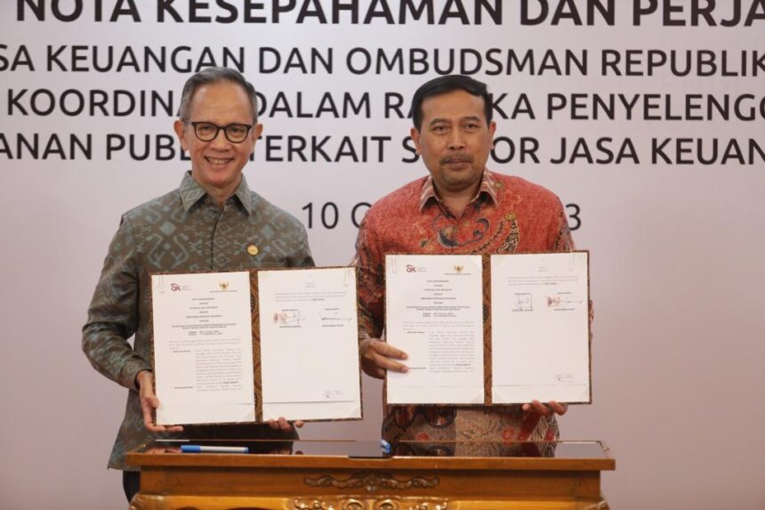 Otoritas Jasa Keuangan (OJK) dan Ombudsman Republik Indonesia (Ombudsman RI) menyepakati penguatan kerja sama penyelenggaraan pelayanan publik di sektor jasa keuangan. Foto/ojk