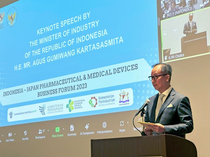 Menteri Perindustrian Agus Gumiwang Kartasasmita pada Forum Bisnis Farmasi dan Alat Kesehatan Indonesia-Jepang ke-2 tahun 2023 di Osaka, Jepang. Foto: Kemenperin