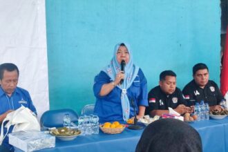 Ketua DPC PD Pulau Seribu, Neneng Hasanah saat menyampaikan sambutan di acara pelatihan saksi se- Sukapura.(foto Sofian/ipol.id)