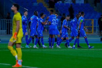 Selebrasi skuad Al Hilal dalam laga Liga Champions Asia melawan Nassaji Mazandaran, Senin (4/12/2023). (c) Al Hilal Official