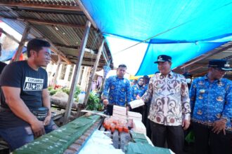 Didampingi Penjabat Bupati Takalar, Setiawan Aswad, Pj Gubernur Sulsel, Bahtiar Baharuddin, meninjau harga dan stok kebutuhan pokok di Pasar Palleko dan Bulog, Kabupaten Takalar, Rabu, 17 Januari 2024. Foto/ist