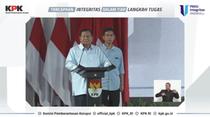 Calon Presiden Nomor Urut 2, Prabowo Subianto saat acara Penguatan Anti-Korupsi untuk Penyelenggara Berintegritas (PAKU Integritas) di Gedung KPK RI, Jakarta, Rabu (17/1/2024). Foto: Live streaming KPK RI