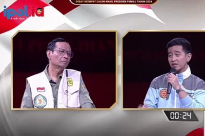 Cawapres nomor urut 2 di Pilpres 2024, Gibran Rakabuming saat berdebat dengan Mahfud MD pada debat cawapres tadi malam. (screenshot tayangan debat cawapres Ipol.id)