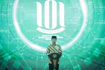 Presiden Jokowi saat memberi sambutan pada harlah 101 NU di kampus UNU Yogyakarta, Rabu (31/1/2024). Foto: Kemenag