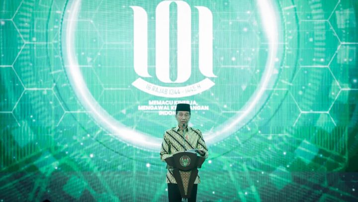 Presiden Jokowi saat memberi sambutan pada harlah 101 NU di kampus UNU Yogyakarta, Rabu (31/1/2024). Foto: Kemenag