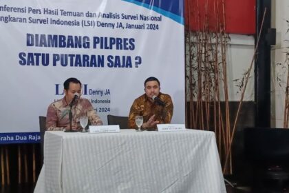 Direktur KCI Lingkaran Survei Indonesia (LSI) Denny JA, Adjie Al Faraby memaparkan kajian riset terbaru LSI terhadap elektabilitas pasangan calon presiden (Capres) dan calon wakil presiden (Cawapres) di kantor LSI di kawasan Rawamangun, Pulogadung, Jakarta Timur, Selasa (30/1) siang. Foto: Joesvicar Iqbal/ipol.id