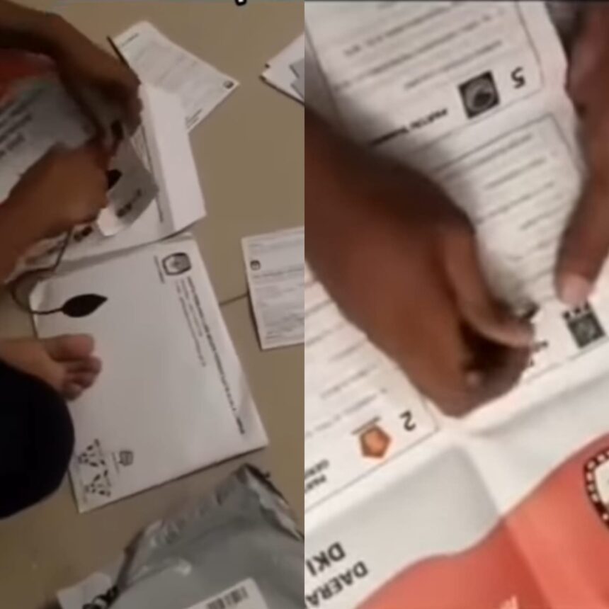 Video kertas surat suara pilpres 2024 dicoblos oleh sekelompok orang dan dikembalikan lagi kedalam amplop. Foto: IG, @terang_media (tangkap layar)