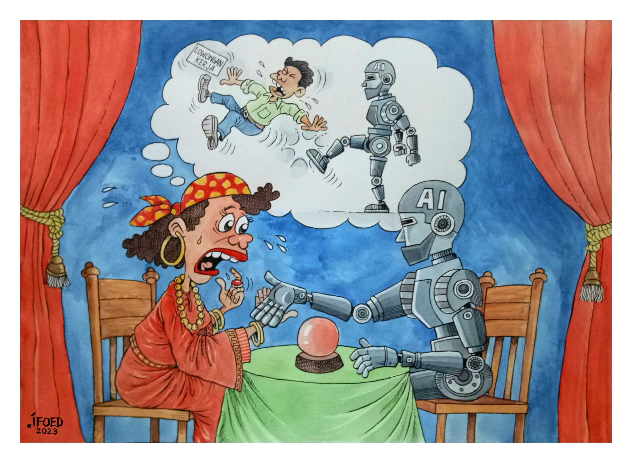 Karya karikatur berjudul "AI, Sahabat atau Musuh" yang memenani anugerah Adinegoro 2023. Foto: Ipol.id