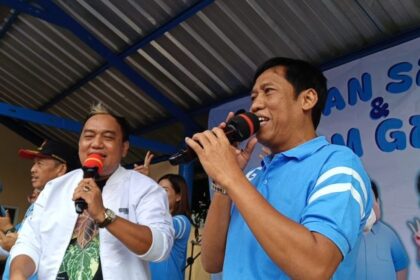 Ketua Umum Relawan Prabowo-Gibran Center, Masyudi saat memberikan sambutan di acara jalan sehat dan senam Gemoy di Tanggerang.(foto dok pribadi)
