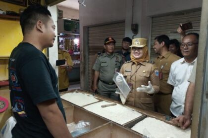 Menjelang ramadan, Wakil Wali Kota Jakarta Timur (Jaktim), Iin Mutmainnah didampingi Kepala Suku Dinas Ketahanan Pangan, Kelautan dan Pertanian (KPKP) Jaktim, Ali Nurdin, Wakil Camat Pulogadung, Agus Purwanto, dan Lurah Pisangan Timur, Moch Iqbal melakukan inspeksi mendadak (sidak) di Pasar Enjo, Kelurahan Pisangan Timur, Kecamatan Jatinegara, Selasa (27/2). Foto: Ist