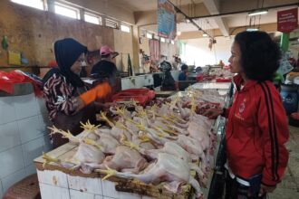 Pedagang ayam potong, Rohmah, 49, ketika melayani seorang pembeli di losnya di Pasar Ciracas, Kelurahan/Kecamatan Ciracas, Jakarta Timur, Rabu (13/3) siang. Foto: Joesvicar Iqbal/ipol.id