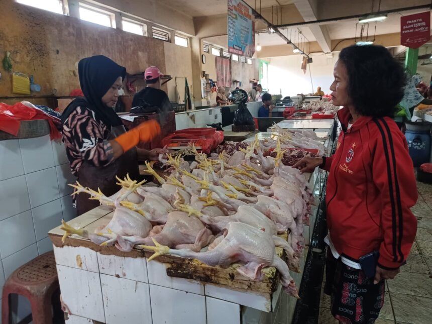 Pedagang ayam potong, Rohmah, 49, ketika melayani seorang pembeli di losnya di Pasar Ciracas, Kelurahan/Kecamatan Ciracas, Jakarta Timur, Rabu (13/3) siang. Foto: Joesvicar Iqbal/ipol.id