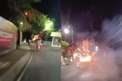 Video amatir rekam WNA tembak petasan ke jalan di Kuta Utara, Badung, Bali. Foto: IG, @lambe_turah (tangkap layar)