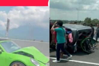 Kondisi Porsche setelah seruduk mobil Grand Livina di Tol Sidoarjo. Foto: IG, @lambe_turah (tangkap layar)