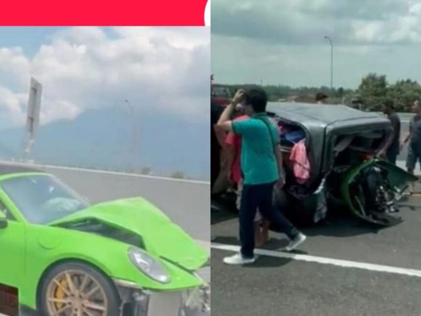 Kondisi Porsche setelah seruduk mobil Grand Livina di Tol Sidoarjo. Foto: IG, @lambe_turah (tangkap layar)