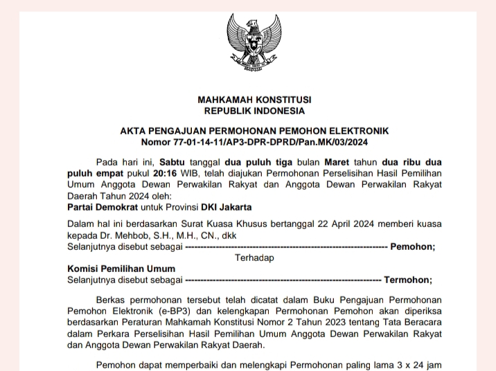 Dokumen lembar gugatan Partai Demokrat DKI Jakarta ke Mahkamah Konstitusi (MK) RI. (foto dok istimewa)
