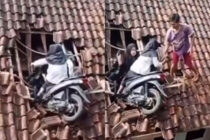 Motor terbang keatap rumah warga yang dikendarai dua anak SD di Tasikmalaya. Foto: IG, @terang_media (tangkap layar)