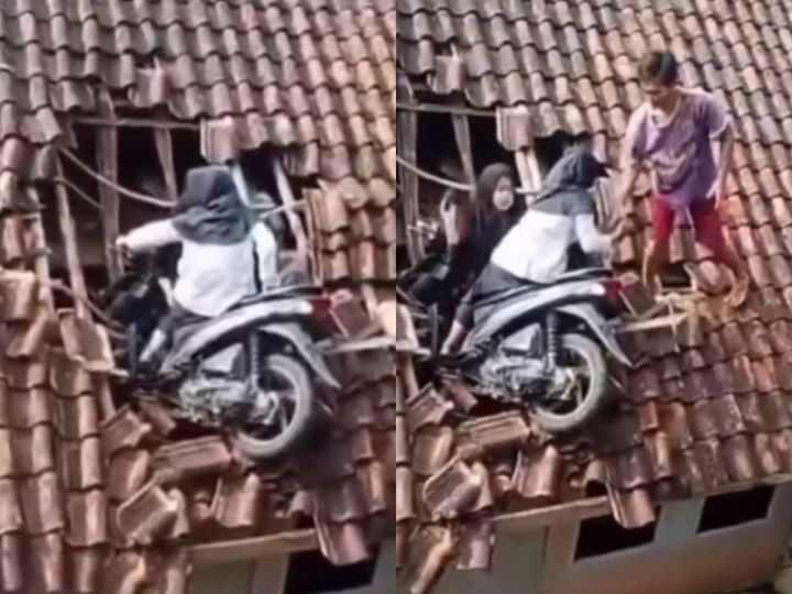 Motor terbang keatap rumah warga yang dikendarai dua anak SD di Tasikmalaya. Foto: IG, @terang_media (tangkap layar)