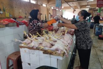 Suasana di los pedagang ayam potong di Pasar Ciracas, Jakarta Timur. Para pedagang dan pembeli mengeluhkan adanya kenaikan harga ayam potong hingga sembako. Foto: Joesvicar Iqbal/ipol.id