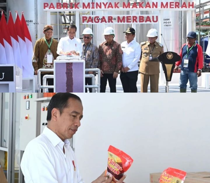 Jokowi meresmikan Pabrik Minyak Makan Merah di Pagar Merbau, Sumatera Utara, pada Kamis (14/3/2024). Foto: IG, @jokowi (tangkap layar)