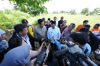 Penjabat Gubernur Sulsel Bahtiar Baharuddin bersama Komisi V DPR RI, meninjau lokasi rencana pembangunan stadion sepak bola, di Sudiang, Kecamatan Biringkanaya, Kota Makassar, Jumat, 5 April 2024.
