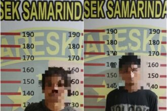 Team Elang Polsek Samarinda Kota di-backup opsnal Polsekta Samarinda Sebrang melakukan penangkapan terhadap 2 pelaku pencurian bersama hasil curiannya. Foto: Ist