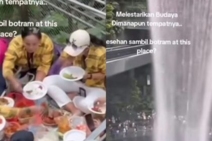 Momen sekelompok emak-emak yang lakukan makan bersama di Jewel Changi Airport Singapore. Foto: IG, @kabarnya.netizen (tangkap layar)
