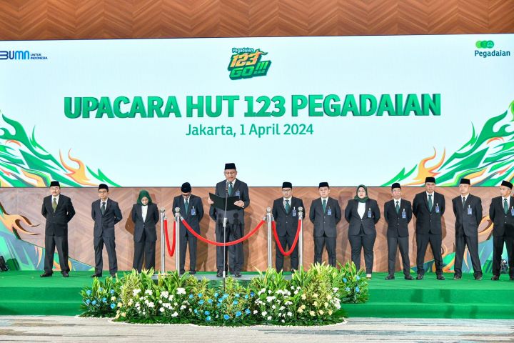 PT Pegadaian menggelar upacara secara hybrid memperingati HUT ke-123 yang jatuh pada hari Senin 1 April 2024. Foto: Ist