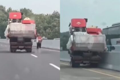 Sopir berusaha mengejar truknya yang melaju sendiri di Jalan Tol Kalikangkung Semarang, Jawa Tengah. Foto: IG, @kabarnegri (tangkap layar)