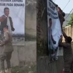 Oknum Satpol PP Depok lakukan pencopotan spanduk Sekda Supian Suri di acara Ngubek Empang. Foto: IG, @infodepok_id (tangkap layar)