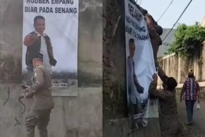 Oknum Satpol PP Depok lakukan pencopotan spanduk Sekda Supian Suri di acara Ngubek Empang. Foto: IG, @infodepok_id (tangkap layar)