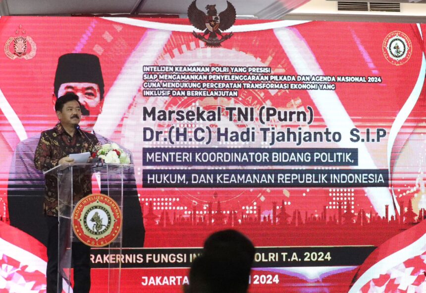 Menko Polhukam, Hadi Tjahjanto pada Rakernis Fungsi Intelijen TA 2024 di Jakarta, Selasa (28/5/2024). Foto: Dok Kemenko Polhukam