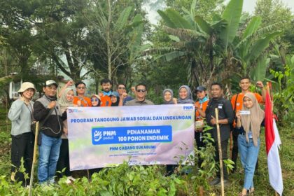 PT Permodalan Nasional Madani (PNM) cabang Sukabumi melalui program tanggung jawab sosial dan lingkungan dengan menanam 100 pohon endemik di Pos Baru Gunung Gede Jalur Gunung Putri, Desa Sukatani Cianjur Jawa Barat.