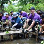 Sebanyak 30 sukarelawan FedEx bekerja sama untuk menanam 70 pohon mangrove di Pusat Ekowisata Mangrove Jakarta. Foto; FedEx